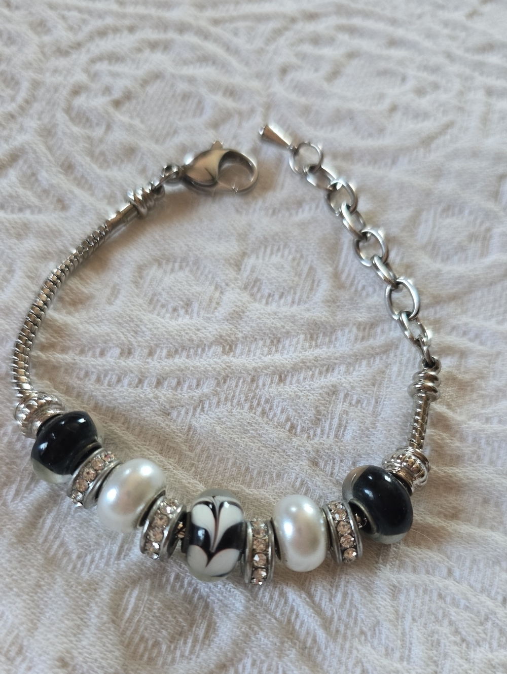 Sterling-Style Black & White Bead  Bracelet